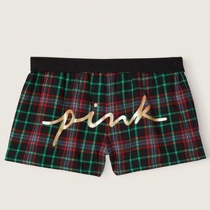 Victoria’s Secret PINK Flannel Pajama Shorts Black Plaid Gold Foil Script LARGE